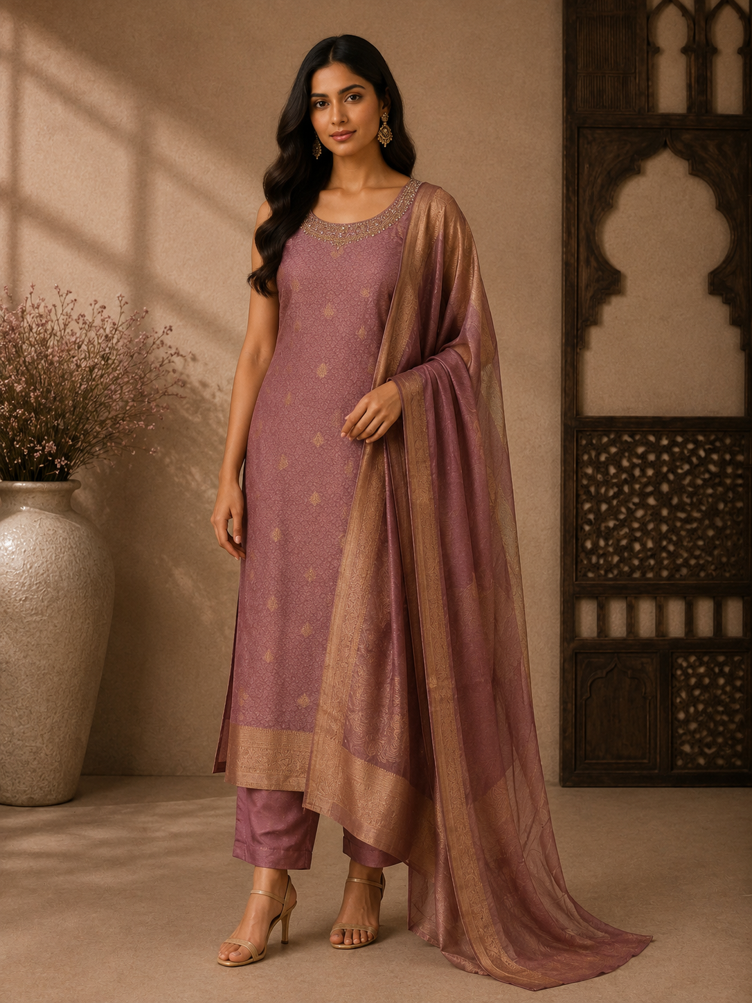 Elegant Mauve Brocade Silk Straight Suit Set with Woven Dupatta